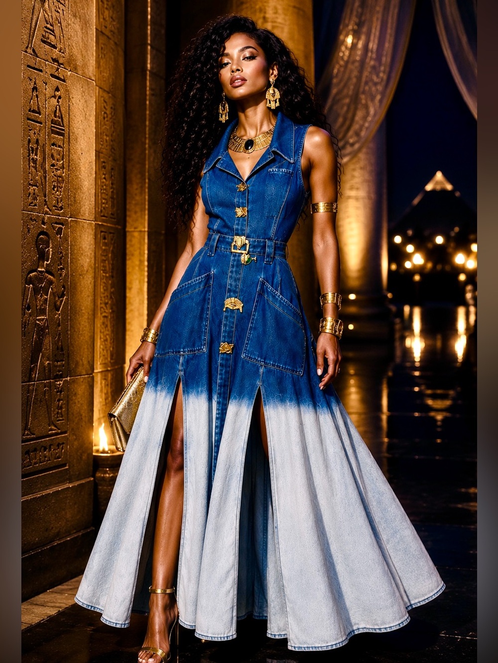 Urban Revivo Gradient Cutout Denim Maxi Dress Gold Buttons NWT